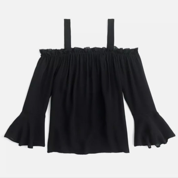 J. Crew Tops - J. Crew Silk Black Ruffle Draped Cold / Off Shoulder Bell Sleeve size 10